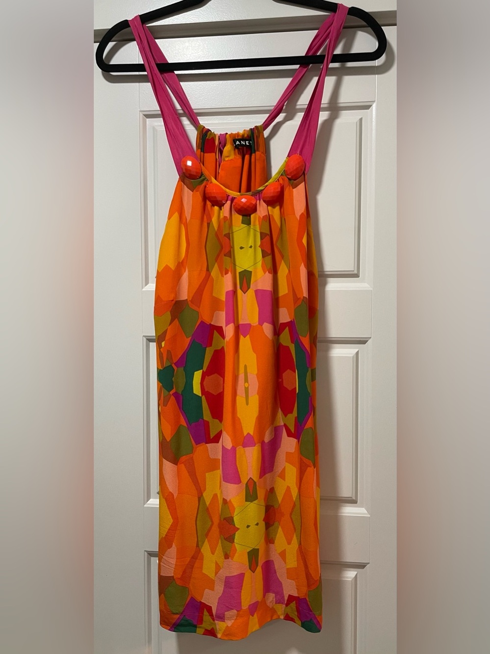 Planet Silk Vibrant Orange Multicolor Mini Dress with Pink Straps